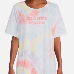 Secret Treasures | “Be a Kind Human” Pastel Tie-Dye Night Dress with Coral Trim